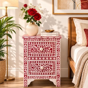 Red Bone Inlay Bedside Table, Floral Nightstand, Handmade Cabinet, Luxury Bedroom Storage image 1