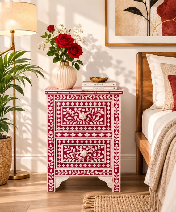 Red Bone Inlay Bedside Table, Floral Nightstand, Handmade Cabinet, Luxury Bedroom Storage