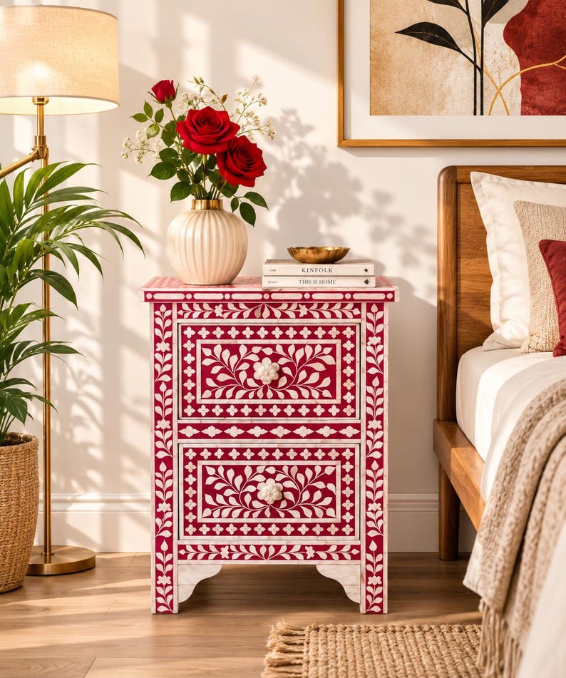 Red Bone Inlay Bedside Table, Floral Nightstand, Handmade Cabinet, Luxury Bedroom Storage image 1