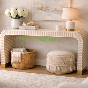Handmade Striped Bone Inlay Console Table, Curved Arched Entryway Furniture