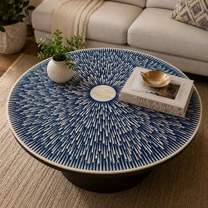 Könnte beinhalten: Ein runder Couchtisch mit einer dunkelblauen Oberfläche und einem weißen Strahlenmuster, das von einer zentralen weißen Scheibe ausgeht. Auf dem Tisch stehen eine weiße gerippte Vase mit einer Grünpflanze, zwei Bücher und eine kleine goldene Schale.