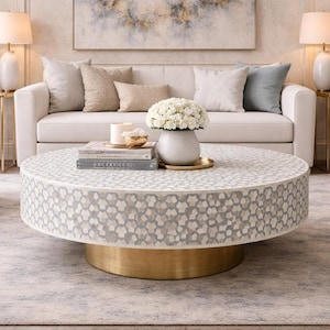 Handmade Bone Inlay Coffee Table: Geometric Round Sofa Table