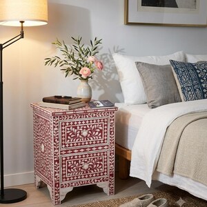Red Bone Inlay Bedside Table, Floral Nightstand, Handmade Cabinet, Luxury Bedroom Storage image 3