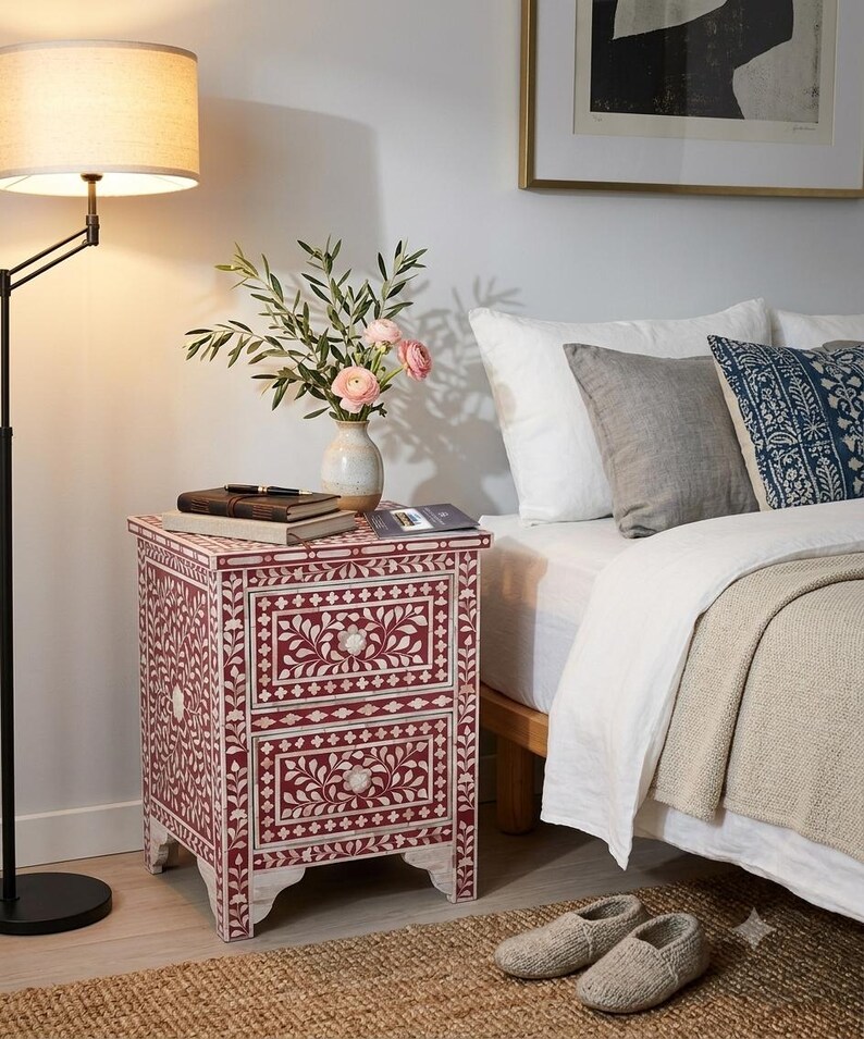 Red Bone Inlay Bedside Table, Floral Nightstand, Handmade Cabinet, Luxury Bedroom Storage image 3
