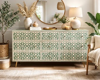 Byrå med grönt beninlägg och 9 lådor, marockanskt mönster, boho-konsolskåp