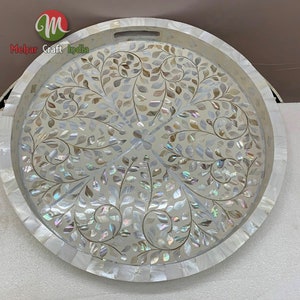 Handmade Round Mother of Pearl Inlay Handmade MoP Tray Tray Table Tray Home Decor Tray Floral Tray Bone Inlay Furniture Home decor Tray