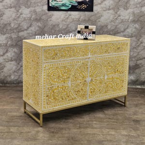 Mother of pearl inlay buffet sideboard, Flower leaf yellow design cabinet, inlay media consoles, 2 Drawer 2 Door chest of drawers, Bone