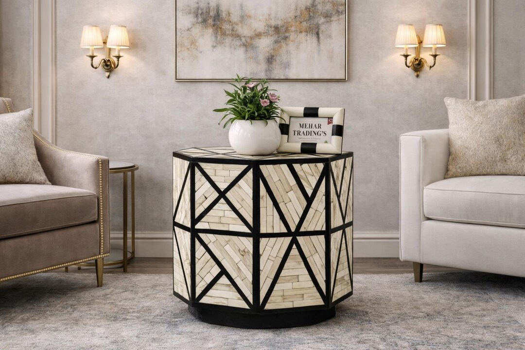 Handcrafted Bone Inlay Side Table | Geometric Accent Stool - Etsy