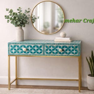 Teal Bone Inlay Console Table, Geometric Mother of Pearl Desk, Luxury Indian Furniture