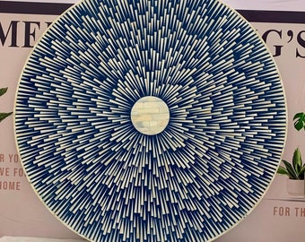 Handmade Bone Inlay Table Top | Blue & White Sunburst Design