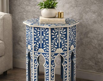 Blauer Knochen Intarsien-Beistelltisch, marokkanische Blumenakzent-Möbel