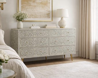 Handcrafted Grey Bone Inlay Dresser | Floral Vine Chest of Drawers