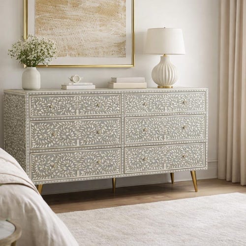 grey bone inlay dresser Handcrafted Grey Bone Inlay Dresser | Floral Vine Chest of Drawers