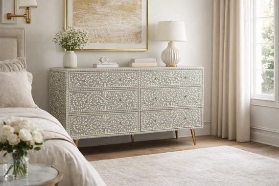 Handcrafted Grey Bone Inlay Dresser