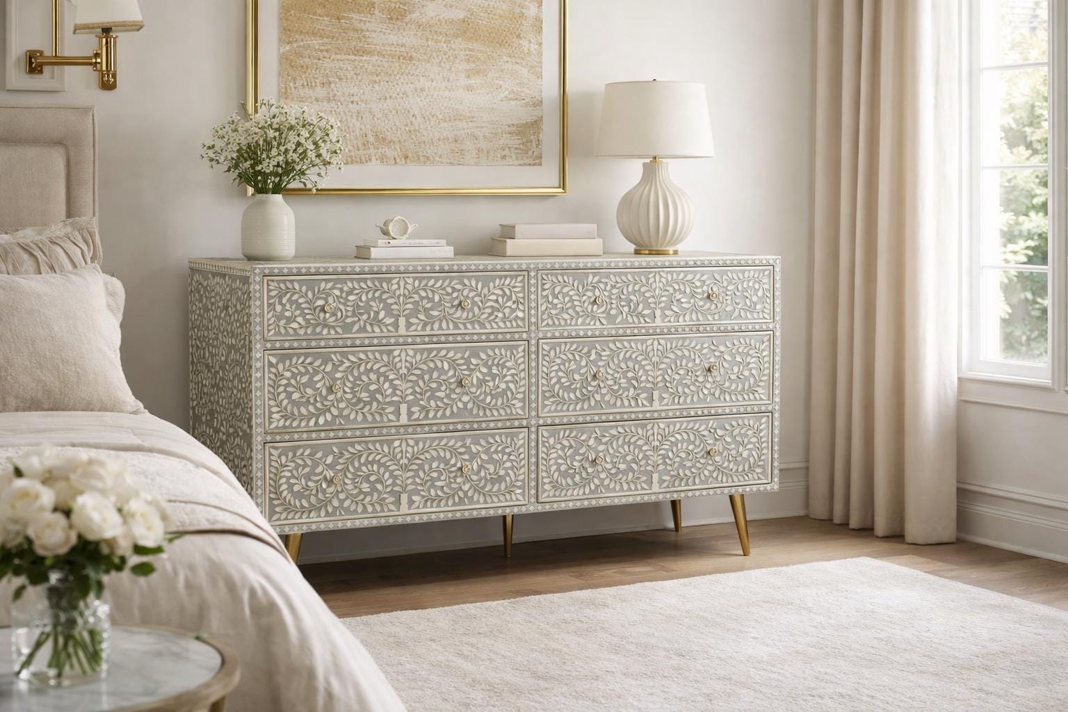 gold inlay dresser Marigold 6 Drawer Dresser | Safavieh Couture