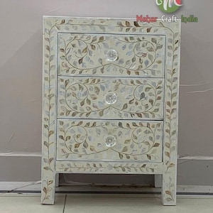 Handmade Mother of Pearl 3 Drawers White Floral Bedside, Table Night Stand, Mop Small Drawer Chest, Bone Inlay Bed side Nightstand floral