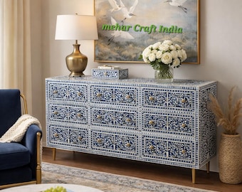 Mother of Pearl Inlay Dresser | Blue Floral, 9-Drawer Boho Sideboard
