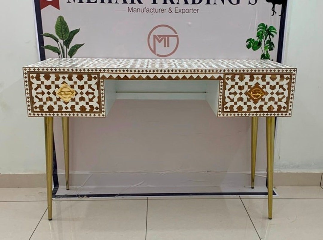 Teak Wood Inlay Desk Bone Inlay Work Desk Optical Bone Inlay Etsy