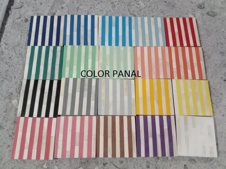 May include: A collection of 18 square bone inlay coasters with white stripes and various colored stripes. The colors include black, gray, teal, light green, light blue, blue, navy, light pink, orange, yellow, brown, purple, and red. The coasters are arranged in a grid pattern and the text "COLOR PANAL" is printed in the center of the image.