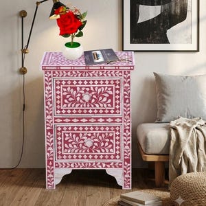 Red Bone Inlay Bedside Table, Floral Nightstand, Handmade Cabinet, Luxury Bedroom Storage image 9