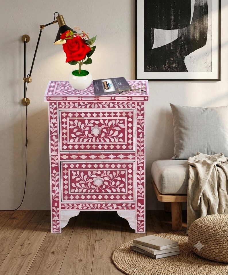 Red Bone Inlay Bedside Table, Floral Nightstand, Handmade Cabinet, Luxury Bedroom Storage image 9