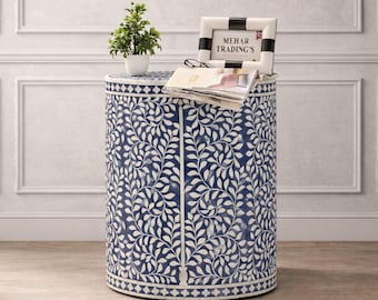 Handmade Bone Inlay Side Table | Blue Floral Accent Table