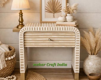 Handmade Bone Inlay Nightstand | Striped Side Table, Modern Bedroom Furniture