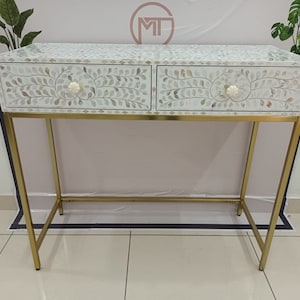 Handmade Mother of Pearl Inlay Console Table - 2 Drawer Side Table