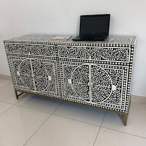Floral Bone Inlay Sideboard: Black & White 2-Drawer Cabinet