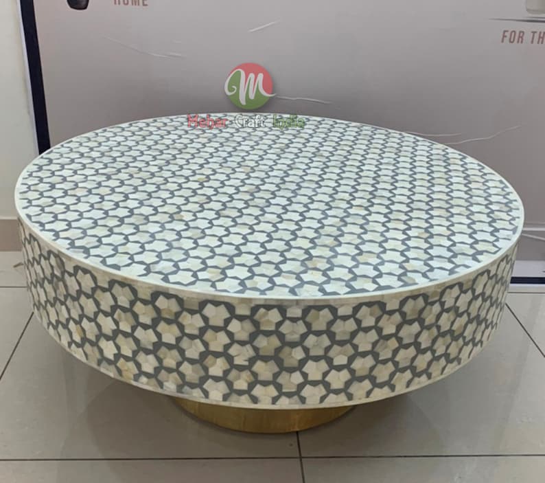 Bone Inlay Circular Table Handmade Bone Inlay Coffee Table: Geometric Round Sofa Table - Etsy