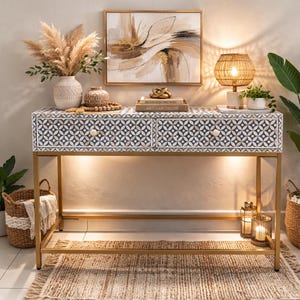 Bone Inlay 2 Drawer Console Tables, Bone Hall Table, Bed Room Furniture , Living Room Furniture , Handmade Bone Inlay Furniture