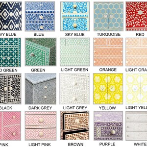 May include: A grid of twenty square images displaying various furniture pieces with intricate inlaid patterns and floral or geometric designs. Each section features a different color, including navy blue, blue, sky blue, turquoise, red, green, orange, yellow, purple, and white.