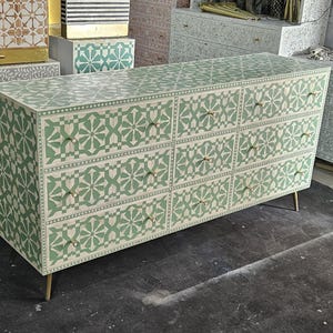 Handmade Bone Inlay Dresser: Modern Moroccan 9-Drawer Console Cabinet