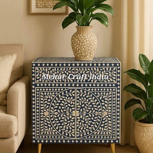 マザーオブパールインレイキャビネット：ボーンインレイコンソールテーブル、メディアユニット