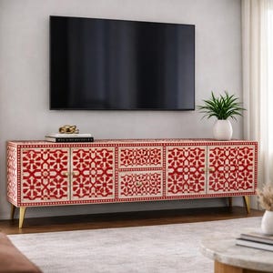Red Bone Inlay Sideboard | Handmade Geometric Media Console