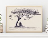 Monk Meditating - Ink Pen Style Canvas Art - Buddhism Inspired Artwork - Peaceful Wall Decor - Meditation Poster - Tibeten Monk Poster