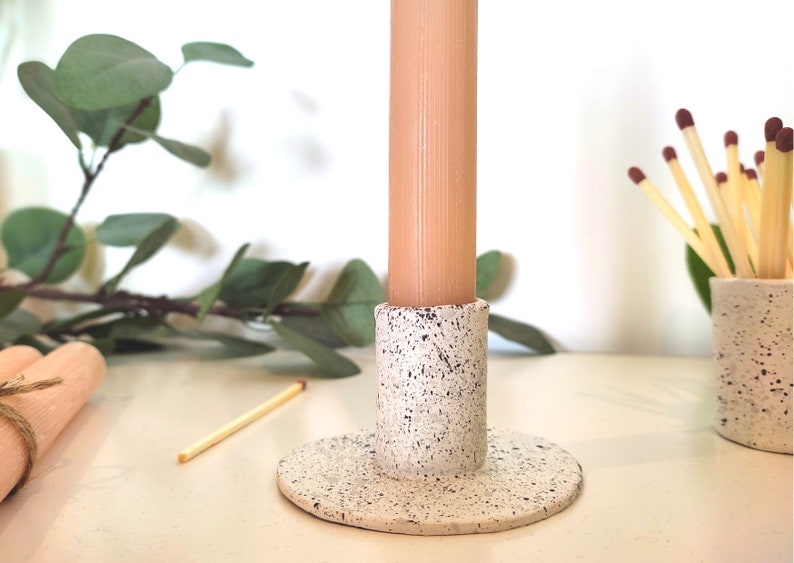 Handmade boho clay candle holder, paint splatter, grey and white, candle stick image 1