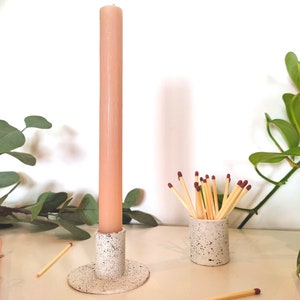 Handmade boho clay candle holder, paint splatter, grey and white, candle stick image 6