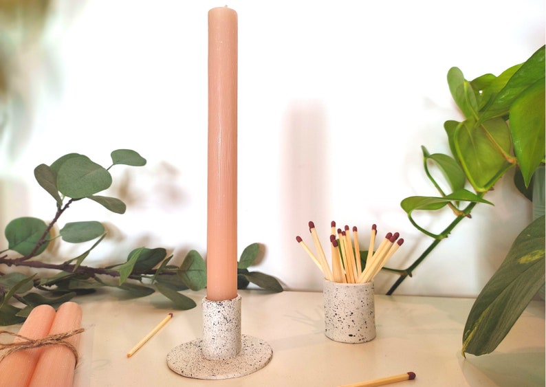 Handmade boho clay candle holder, paint splatter, grey and white, candle stick image 6