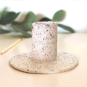 Handmade boho clay candle holder, paint splatter, grey and white, candle stick image 5