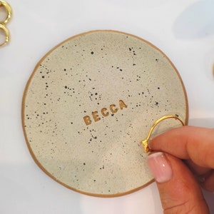 Handmade Personalised Ring Dish, gold and paint splatter, bridesmaid, birthday, wedding, anniversary gift, present, gift image 4