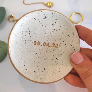 Handmade Personalised Date Ring Dish, gold and paint splatter, wedding anniversay gift, birthday gift, bridesmaid gift, wedding day