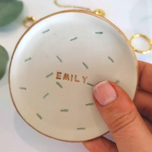 Handmade Personalised Ring Dish, green and gold, bridesmaid gift