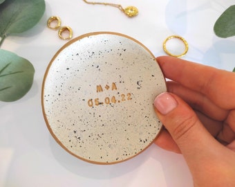 Handmade personalised ring dish with initials and date, wedding gift, new baby, engagement present, birthday present, splatter dish, ring