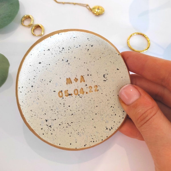 Handmade personalised ring dish with initials and date, wedding gift, new baby, engagement present, birthday present, splatter dish, ring