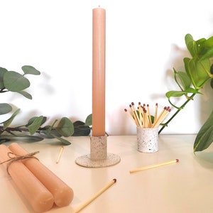 Handmade boho clay candle holder, paint splatter, grey and white, candle stick image 3