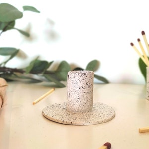 Handmade boho clay candle holder, paint splatter, grey and white, candle stick image 2