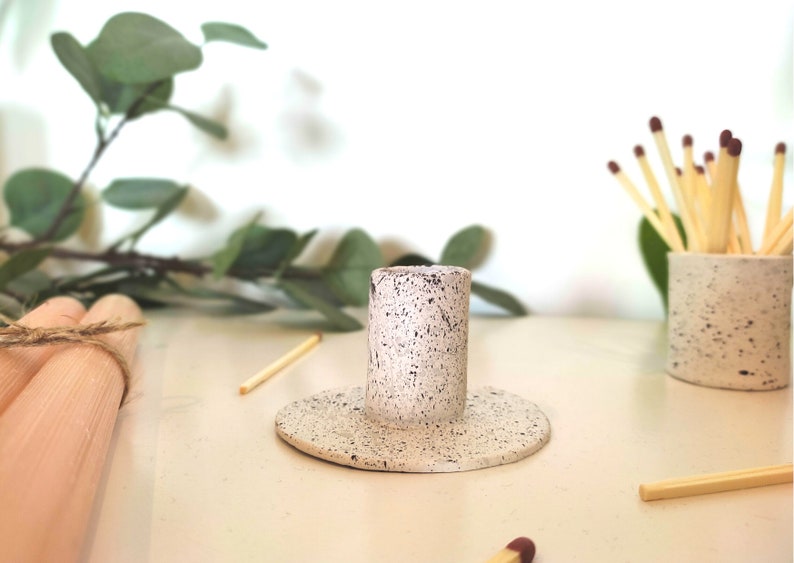 Handmade boho clay candle holder, paint splatter, grey and white, candle stick image 2