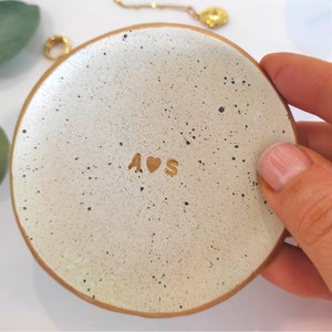 Handmade Personalised Ring Dish, gold and paint splatter, bridesmaid, birthday, wedding, anniversary gift, present, gift image 6