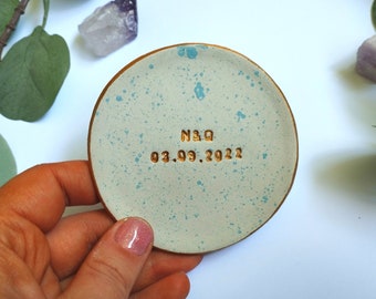 Handmade personalised ring dish with initials and date, wedding gift, new baby, engagement, birthday present, splatter dish, blue, green